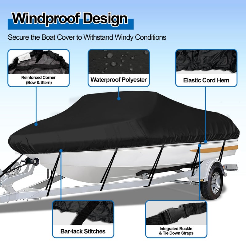 iCOVER Trailerable Boat Cover- 16'-18.5' Heavy Duty Waterproof Tarp Covers with Storage Bag, Fits V-Hull, Fish&Ski, Pro-Style, Fishing, Runabout, Bass Boats, up to 16ft-18.5ft Long X 94" Wide - Image 2